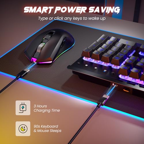 Wireless Gaming Keyboard and Mouse Combo, Metal Panel, 7 Color Backlits, Rechargeable 3200 mAh Battery, Wrist Rest, Sleep Mode, Light Up Keyboard + 7D 3200DPI Gaming Mice for PC Gamer | 7 Color Backlits, Rechargeable 3200 mAh Battery/Wrist Rest/Sleep Mode