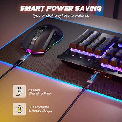 Wireless Gaming Keyboard and Mouse Combo, Metal Panel, 7 Color Backlits, Rechargeable 3200 mAh Battery, Wrist Rest, Sleep Mode, Light Up Keyboard + 7D 3200DPI Gaming Mice for PC Gamer | 7 Color Backlits, Rechargeable 3200 mAh Battery/Wrist Rest/Sleep Mode