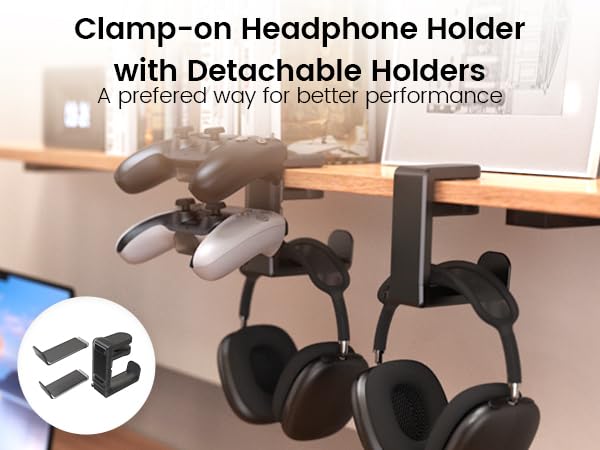 3in1 Rotating Headphone Holder - EURPMASK 3in1 PC Gaming Headset Holder w/Detachable Controller Holder, Adjustable Clamp-on Headset Stand,Headphone Hanger Hook Under Desk w/Cable Clip Organizer,Black - color: Gaming Combo Black