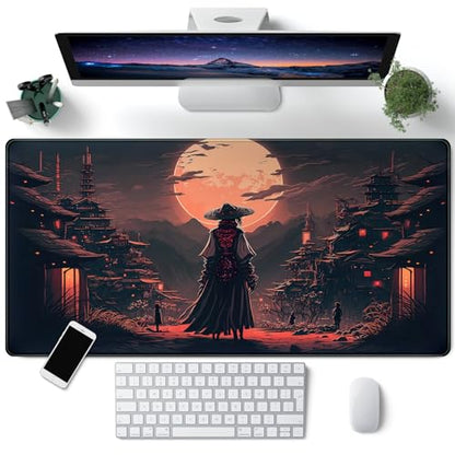 Japanese Landscape Desk Mat Post Moonlight Samurai Mouse Pad Large Dark Aesthetic Desk Pad Gaming Mousepad Extended XXL 31.5 x 15.7 in Laptop Computer Mouse Keyboard Mat - color: A Japan Samurai