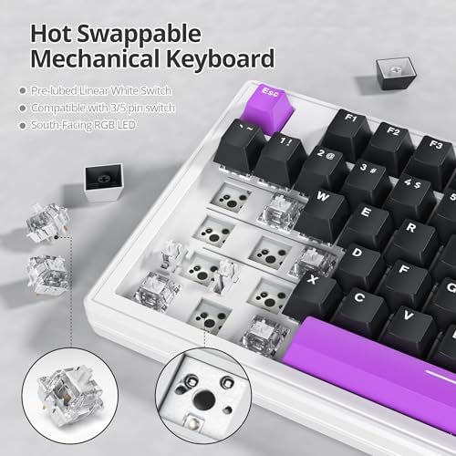 Owpkeenthy 75 Percent Gaming Keyboard Gasket Mounted with Pre-lubed White Switch, 87 Key Wired Mechanical Keyboard Hot Swappable RGB Backlit for MAC Win (R-Purple) - color: R-Purple/White