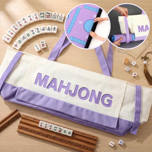 Abbylike 28x9 Inches Mahjong Bag for Rolled Mat Tiles Racks Pushers Accessories Empty Mahjong Tote Bag with Zipper Closure Outer Pockets Lining Large Capacity(Beige&Purple,Canvas) - color: Beige&purple