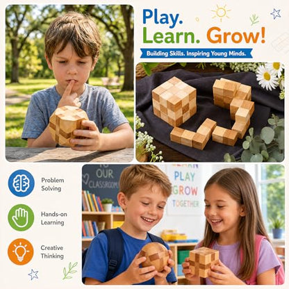 4 Pack Wooden Puzzle Games Brain Teasers Toy- 3D Puzzles for Teens and Adults - Wooden Logic Puzzle Wood Snake Cube Magic Cube Magic Ball Brain Teaser Intellectual Removing Assembling Toy