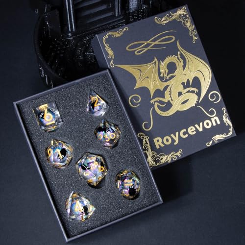 Roycevon Resin DND Dice Set with Gift Box, 7Pcs Liquid Core Cat D&D Dice, Cute Dungeons Dragons D and D Dice, Sharp Edge Role Playing Game Dice D20 D12 D10 D8 D6 D4, Rainbow Gold - color: Rainbow White - 2
