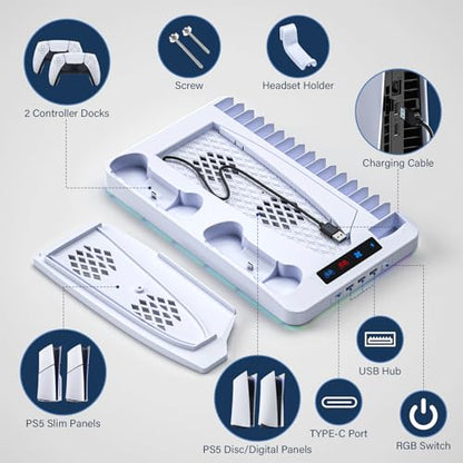 PS5/PS5 Slim Cooling Station, PS 5 Stand with Controller Charger for Playstation 5 Disc Console& Digital Console, for Playstation 5 Cooling Fan Accessories, LED,USB Hubs,Headset Holder,Games Slot