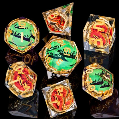 Magic Golden Ring DND Dice Set Sharp Edge Red Gaze Eye Resin Dice with Box, for use with RPG D&D Tabletop Games Lord D and D Polyhedral Dice Set - color: Ring -Eye-golden Numbers