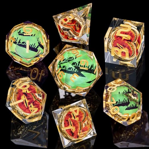 Magic Golden Ring DND Dice Set Sharp Edge Red Gaze Eye Resin Dice with Box, for use with RPG D&D Tabletop Games Lord D and D Polyhedral Dice Set - color: Ring -Eye-golden Numbers