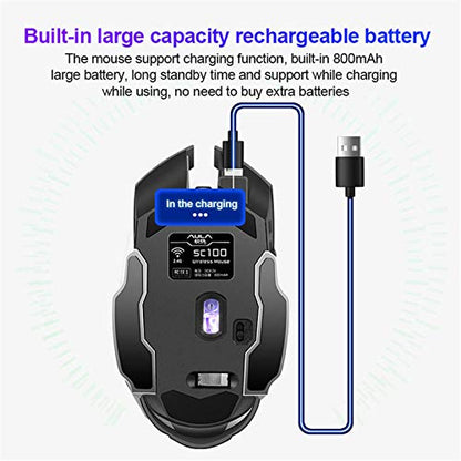 AULA SC100 Silent Wireless Gaming Mouse Rechargeable, with Side Buttons, LED Backlit, DPI Adjustable, 2.4G Wireless Optical Computer Mice Punk Cool Mouse for Games/Work (Black) - color: 2.4G (Black)