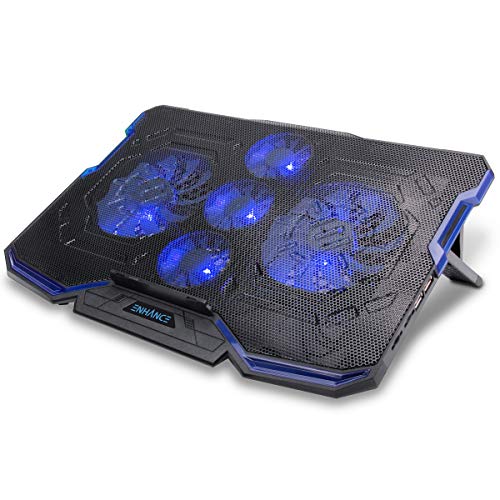ENHANCE Cryogen Gaming Laptop Cooling Pad - Fits 17 in Computer- Adjustable Laptop Cooling Stand with 5 Quiet Cooler Fans, 2 USB Ports and LED Lighting - Slim Portable Design 2500 RPM (Blue) - color: Blue