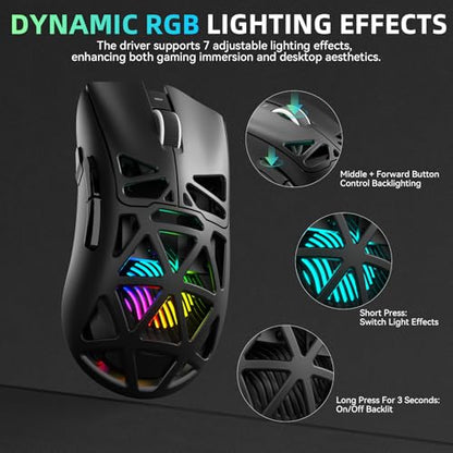 Aula SC620 Wireless Gaming Mouse, Tri-Mode 2.4GHz/USB-C/BT5.3 Computer Mouse with 12000 DPI, Programmable Macro Gamer Mouse with Rapid Fire Key, RGB Light Gaming Mice for PC/Laptop/Mac(Black) - color: Black
