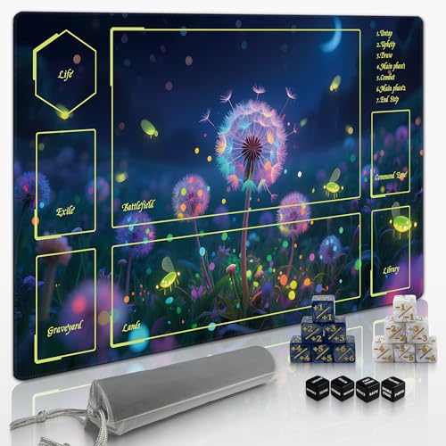 MTG Playmat with Storage Tube & 7-Dice Set - Waterproof TCG Playmat with Stitched Edges, Non-Slip Rubber Card Game Mat (24"x14") (playmat with Zones, Dandelion Night Scene) - color: Dandelion Night Scene, style: playmat with zones