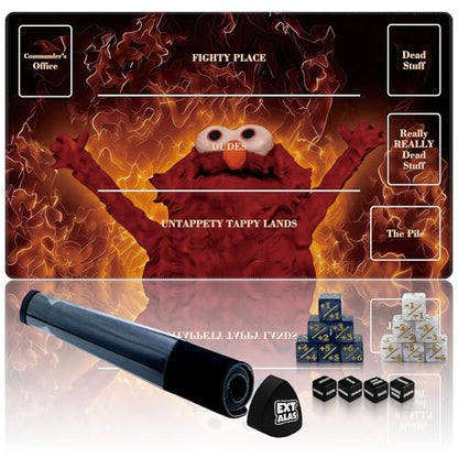 MTG Playmat with Storage Tube & 7-Dice Set - Waterproof TCG Playmat with Stitched Edges, Non-Slip Rubber Card Game Mat (24"x14") (playmat with Zones, Inferno Meme Puppet) - color: Inferno Meme Puppet, style: playmat with zones