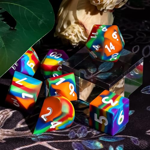 7-Piece Jumbo Silicone DND Dice Set, 25mm Oversized D&D Dice | Round Edges Soft Perfect Bouncer Compatible with Dungeons and Dragons RPG Bar Pub Club Party Games - color: Rainbow W/White Numbers