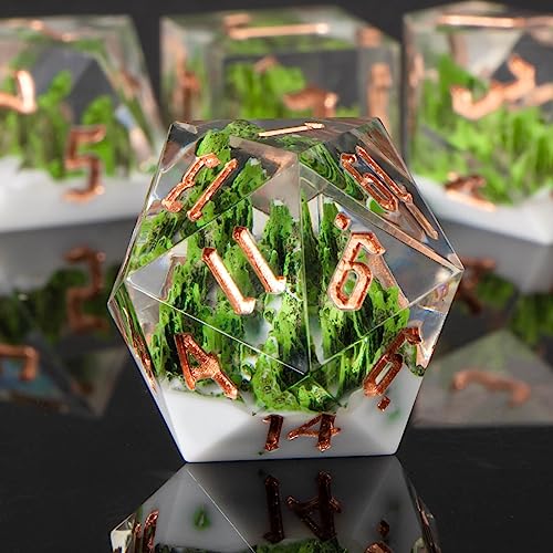 KERWELLSI DND Dice Set D&D, 7pcs Sharp Edge Resin D and D Dice with Gift Box, Nature Forest Mountain Dungeon Dragon Role Playing Dice D20 D12 D10 D8 D6 D4 - color: Green & White