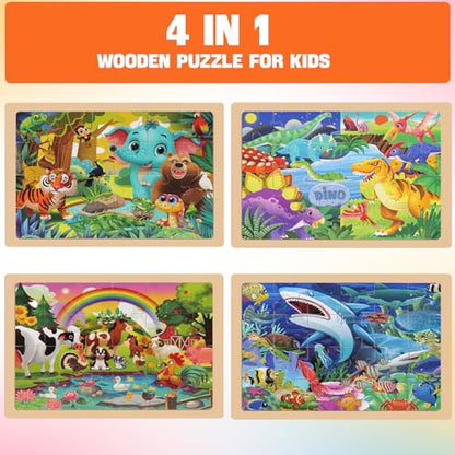 4 Packs 24 PCs Wooden Puzzles for Kids Ages 3-5, Montessori Toddler Jigsaw Puzzles, Preschool Educational Toys Gifts for Children Ages 4-8, Puzzles Boards Toys Gifts Easter Basket Stuffers - style: Animal
