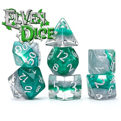 Gate Keeper Games & Dice: Eclipse Dice Elven - 7 Piece RPG Dice Set, Silver & Sylvan Green, 7 Resin Dice for Role Playing Games, 4-Layered Polyhedral - style: Elven