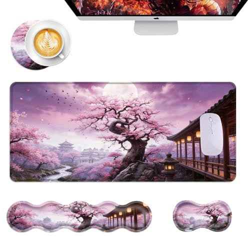 Mouse Pad,Large Desk Mat Set, 4in1 XL Mousepad + Keyboard Wrist Rest+Mouse Wrist Rest+Coaster with Ergonomic Desk Pad for Home Office Table Computer Cover -Cherry Blossom Tree - color: Cherry Blossom Tree