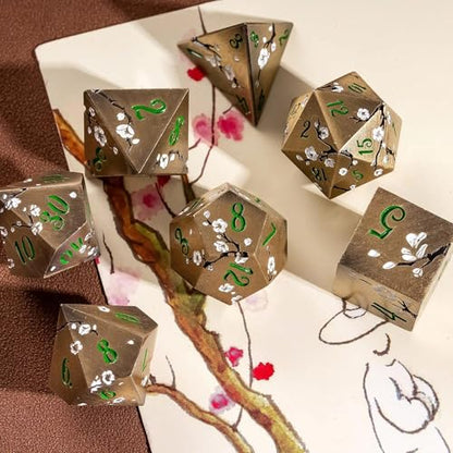UDIXI Metal DND Dice Set, 7PCS Metal Polyhedral Dice Set Bronze for D&D RPG | White Flower, Metal Case Packaging, Heavy Metal Dice, D&D Gift, for Dungeons and Dragons Role Playing Games Tabletop Games - color: Flower/Bronzegreen