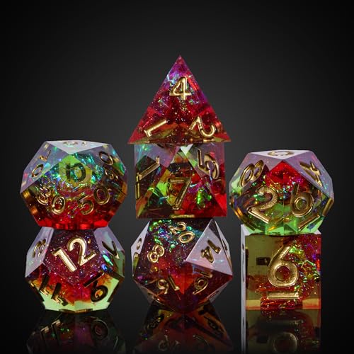 7PCS DND Dice Set,Handmade Sharp Edge Dice Set D&D RPG Polyhedral Die,for Dungeons and Dragons TTRPG Games Roleplaying Games Pathfinder,with Gift Box(Green with Red) - color: Starry Sky(green With Red)
