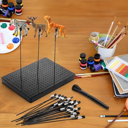 Tlence 19 x 14 Holes Model Painting Stand Base, 25 PCS Alligator Clip Sticks with Rubber Tips, Airbrush Spray Holder with Clean Brush, Clamping Tools Set for Model Parts Assemble DIY Crafts Photo Memo