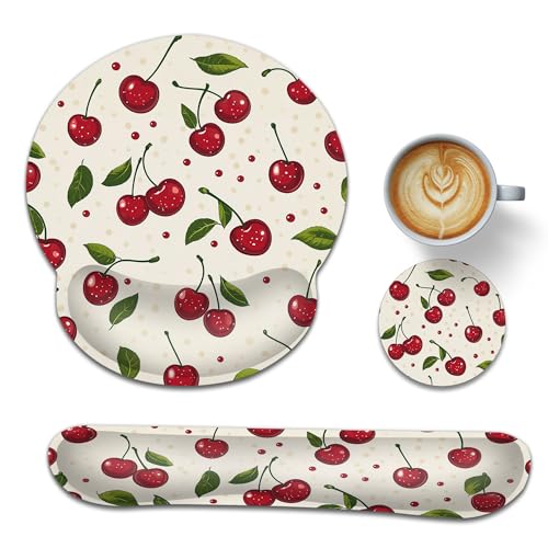 Ergonomic Memory Foam Wrist Rest Set for Keyboard and Mouse,Red Cherry Supportive Mouse Pad with Non Slip Base for Office Work and Gaming - color: Red Cherry