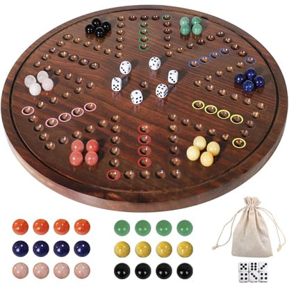 HOROW Wahoo Board Game - 20 Inch Solid Wood Board with 24 Natural Gemstone Marbles & 6 Dice，Double-Sided for 4 and 6 Players - Perfect for Family Game Nights and Parties（Deluxe Edition） - color: Flame