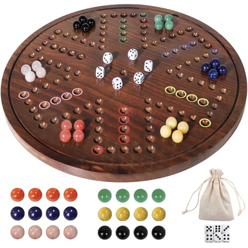 HOROW Wahoo Board Game - 20 Inch Solid Wood Board with 24 Natural Gemstone Marbles & 6 Dice，Double-Sided for 4 and 6 Players - Perfect for Family Game Nights and Parties（Deluxe Edition） - color: Flame