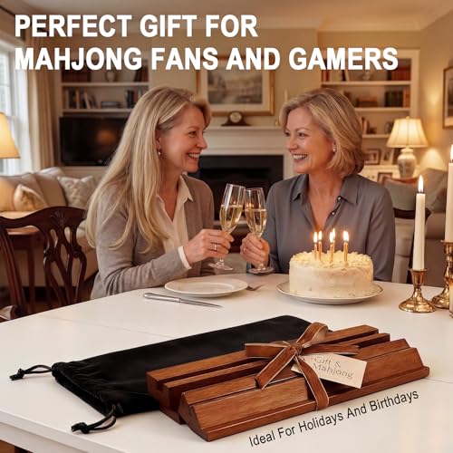 Wooden Mahjong Racks with Pushers Set of 4, 17" All-in-One Mahjong Tile Holders with Storage Bag – Perfect for Mahjong, Dominoes & Mexican Train (Natural Walnut)