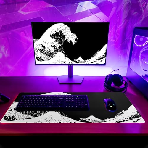 Japanese Sea Wave Large Mouse Pad, Abstract Black Gaming Mousepad, Extended Kanagawa Mat Desk Pad, 3mm Thick Long Non-Slip Rubber Base Mice Pad for Office and Home, 31.5x11.8 Inch - color: Sea Wave 2