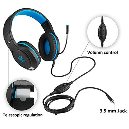 H-10 Gaming Headset for PS4, Xbox One, PC, PS5, Nintendo Switch, Stereo Wired Noise Cancelling Over Ear Headphones with Mic for Kids Adults, Bass Surround, Soft Memory Earmuffs, Blue