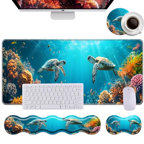 Keyboard Wrist Rest+Mouse Wrist Pad+Desk Pad Set,Memory Foam Ergonomic Easy Typing Pain Relief for Computer Laptop Office Home - Cute Turtle - color: Cute Turtle