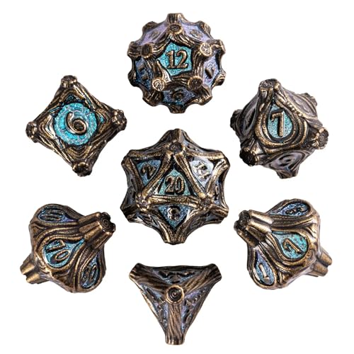 7PCS Metal DND Dice Bronze Blue Metal Dice Set D&D for Board Games | Leather Storage Bag, DM Gift, for Dungeons and Dragons Role Playing Games - color: Metal Tree-bronzeblue