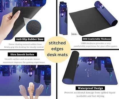Anime Desk Mat XXL Gaming Mouse Pad, Extended Keyboard Mat, Full Desk Accessories, 31.5"x15.75" - color: Blue-purple City