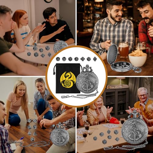 Mini DND Dice Set, Flying Dragon Holds Long Sword Pocket Watch Shell Case, DND Starter Set, 7pcs Polyhedral Metal Dice Set, D&D Gifts with Gift Bag, Role Playing Board Game Accessories, Silver - color: Dark Silver