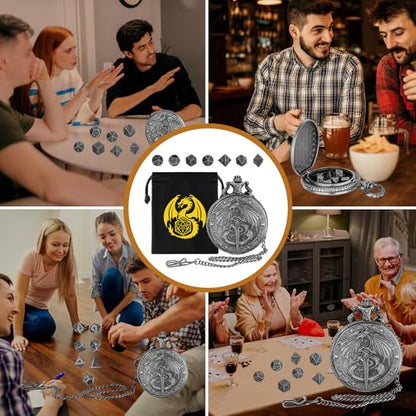 Mini DND Dice Set, Flying Dragon Holds Long Sword Pocket Watch Shell Case, DND Starter Set, 7pcs Polyhedral Metal Dice Set, D&D Gifts with Gift Bag, Role Playing Board Game Accessories, Silver - color: Dark Silver