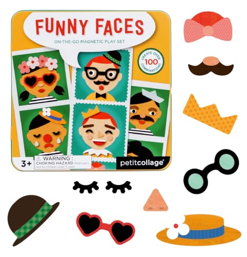 Petit Collage Funny Face Magnetic Travel Play Set – Fun Game for Families, Ideal for 2-4 Players, Ages 4+ – Travel Game for Kids with Handy Portable Tin – Make a Great Gift Idea - color: Mag Play Set Funny Faces
