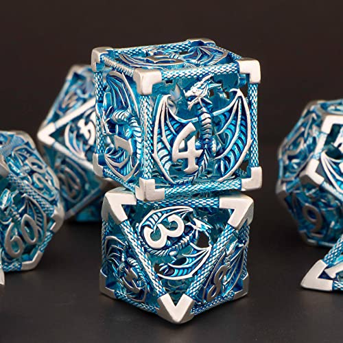 KERWELLSI Hollow DND Dice Set D&D with Gifts Box, 7pcs Polyhedral Metal D and D Dice for Role Playing Game, Dungeon Dragon Dice D20 D12 D10 D8 D6 D4 (Blue) - color: Blue