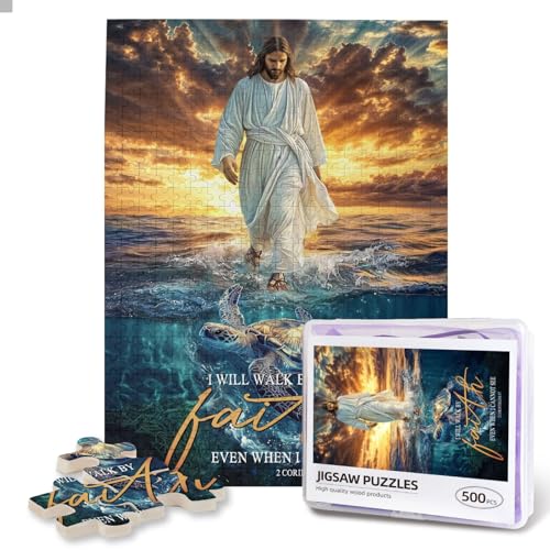 Christian Puzzles for Adults 500 Pieces Religious Jesus Puzzle Inspirational Motivational Bible Puzzle Jesus Walking on Water Wall Art Jigsaw Puzzle Christian Gifts for Women Man - color: Jesus Walk Puzzle, size: 500PCS