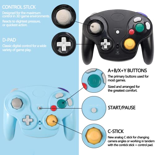 PGYFDAL Wireless Game Cube Controller, 2 Pieces 2.4G Wireless Classic Gamepad with Receiver Adapter for Wii Game Cube NGC GC (Black and Blue) - color: Black&Blue