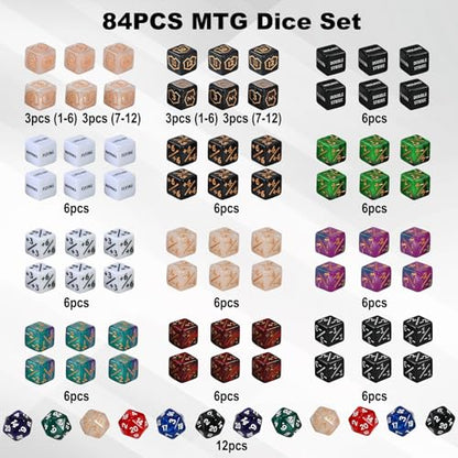 84 Pieces MTG Dice Set Counters Accessories in 12 Colors | 48 Life Counter, 12 Keyword Token & 12 Shield & 12 Spindown Dice for Magic The Gathering,TCG,Cards Gaming