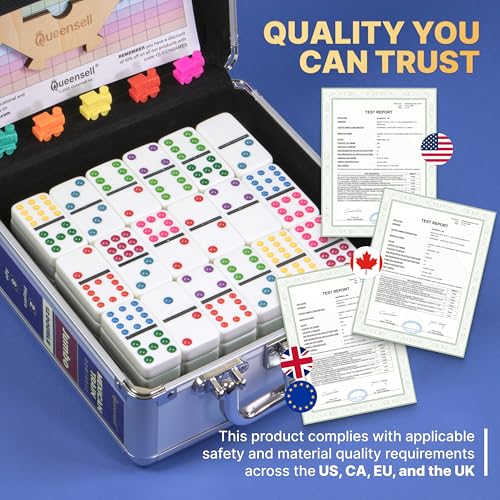 Queensell Mexican Train Dominoes Set with Jumbo Tiles – Double 12 Dominoes Set for Adults, 91 Tiles with Colorful Dots, Wooden Hub, Train & Aluminum Case - style: D12 Jumbo