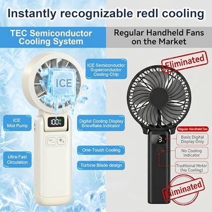Portable Handheld Fan with Ice Cooling, 5.5m/s High Speed, Foldable Neck Fan, 5-Speed LED Display, 12H Battery, Independent Switch, Personal Fans for Travel, Concerts, Sports Events - White - color: White