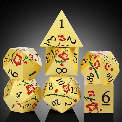 DNDND Flowers Metal Dice, 7 PCS Metallic DND Dice with Gorgeous Gift Case for D&D Dungeons and Dragon Tabletop Game (Red Flowers with Gold) - color: Flower Gold Red