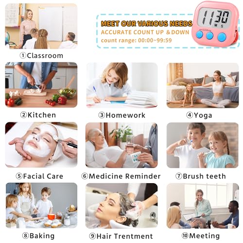 Timer for Kids Teachers Supplies Digital Kitchen Timers for Cooking Large Magnetic Classroom Timer 2Pack-White Pink - color: White Pink
