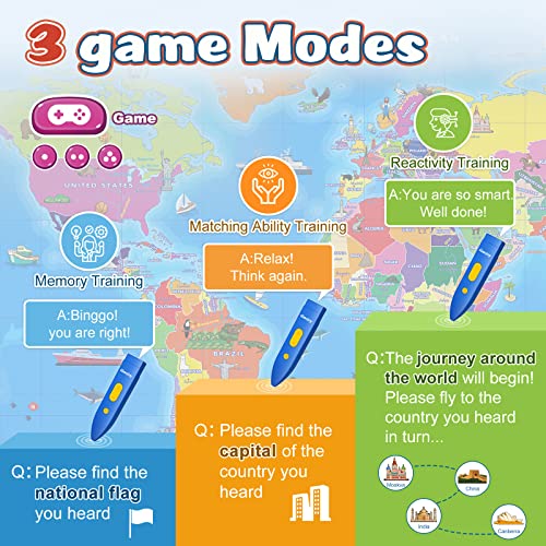 Qiaojoy Bilingual Interactive World Map for Kids Learning and Educational Toys, Talking Electronic Kids World Map i-Poster Geography Games Ages 3 to 12 Years Old, Custom Talking Birthday Gifts Card - style: World Map