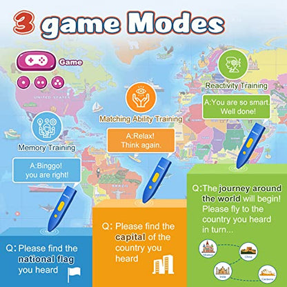Qiaojoy Bilingual Interactive World Map for Kids Learning and Educational Toys, Talking Electronic Kids World Map i-Poster Geography Games Ages 3 to 12 Years Old, Custom Talking Birthday Gifts Card - style: World Map