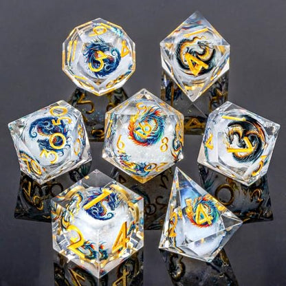 Roycevon Dragon Pattern Liquid Core DND Dice Set, 7Pcs Sharp Edge D&D Dice with Gift Box, Resin White Dungeons Dragons D and D Role Playing Dice D20 D12 D10 D8 D6 D4 - color: White Gold
