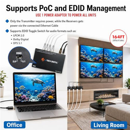 J-Tech Digital 1080P 60Hz HDMI Extender Splitter Over Single Cat5e/6 Ethernet Cable 1 in 4 Out Up to 164ft. Features Local HDMI Loop-Out, PoC, IR Control, Audio EDID Switch - size: 1x4