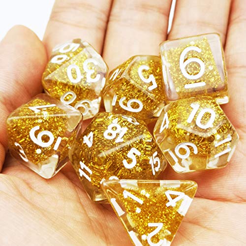 Haxtec Glitter DND Dice Set, 7 Pcs Gold Resin Polyhedral RPG Dice | Role Playing Games Dice with Velvet Pouch, Rounded Edge, Compatible with Dungeons and Dragons, Gifts for D&D Lovers - color: Gold