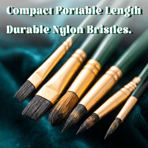 6-Piece Travel Watercolor Brush Set, Mini Kolinsky Sable Paint Brushes with Short Handles — Flat Round Detail Liner for Watercolor, Gouache, Oil, Acrylic Painting